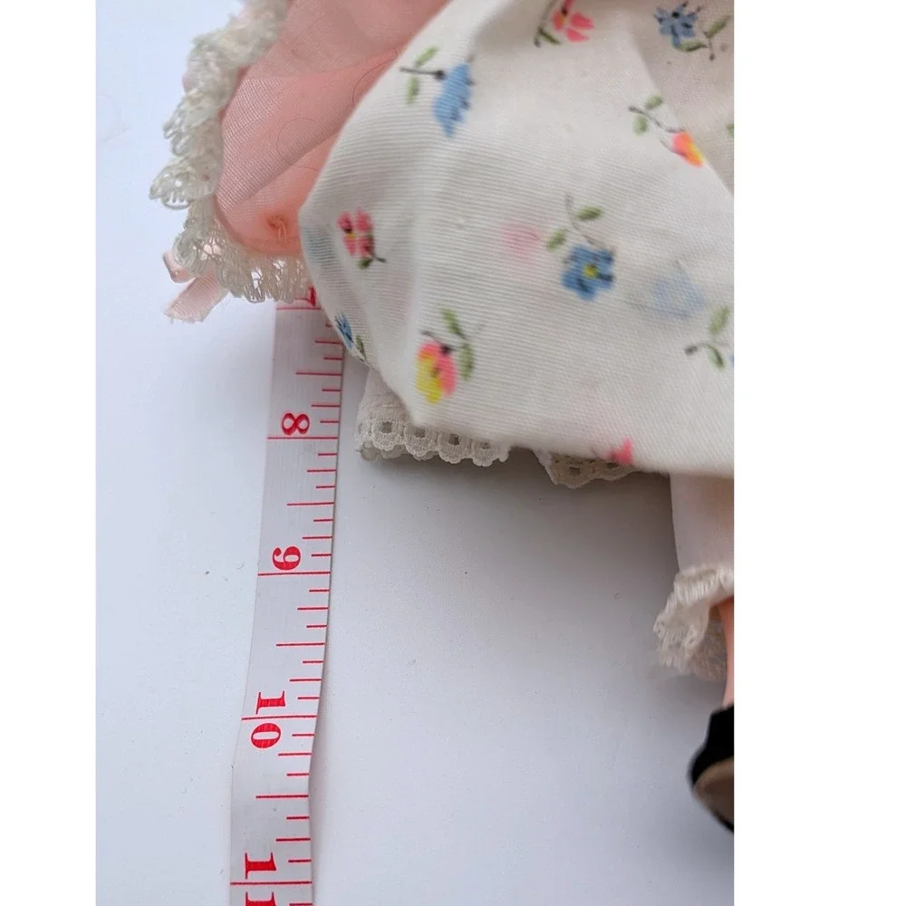 Vintage 11 Inch Collectible Doll Floral Lace Dress Pink Pinafore Bonnet Blonde